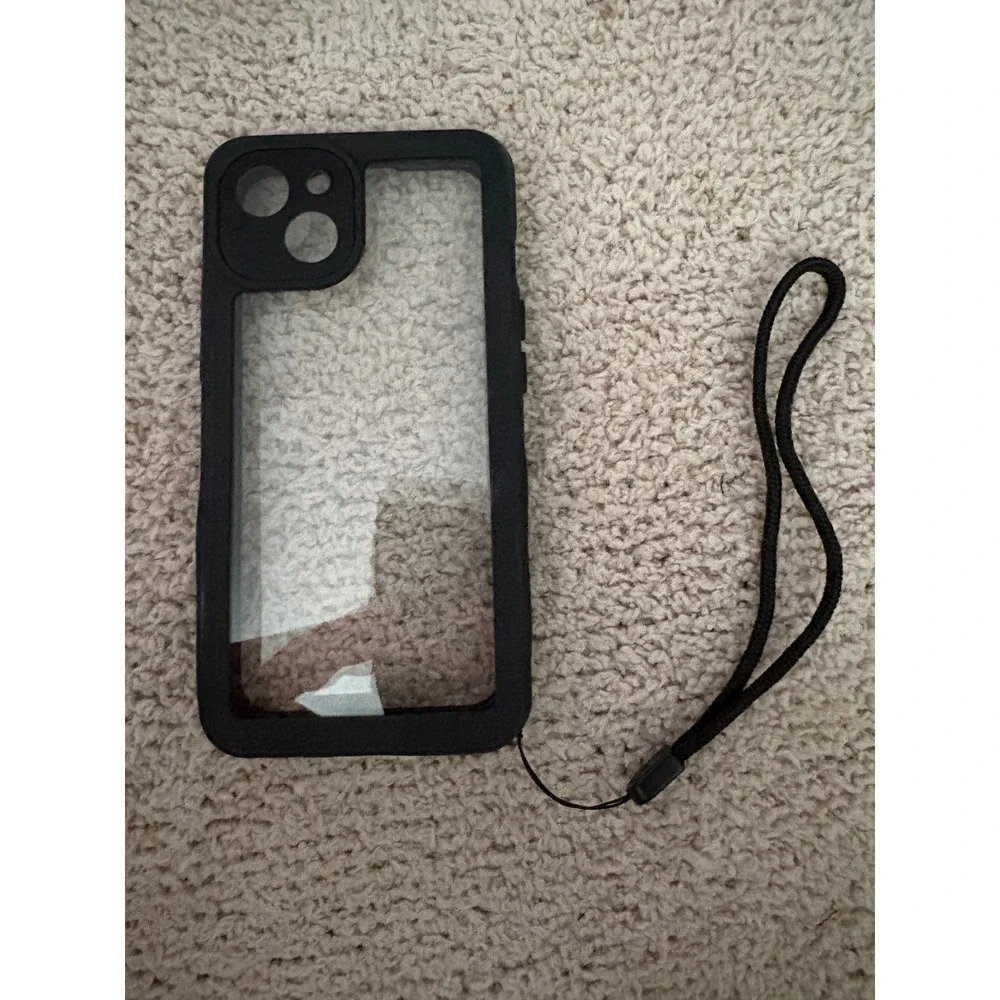 Black Waterproof Full Body Case for iPhone 13 14 with Lanyard Clear Back
